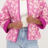 Veste Kimono Beige à Imprimé Fleuri Rose Et Violet