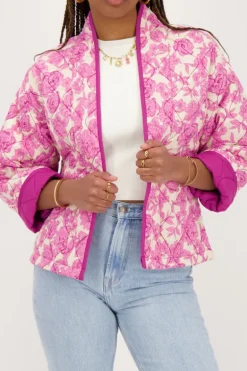 Veste Kimono Beige à Imprimé Fleuri Rose Et Violet