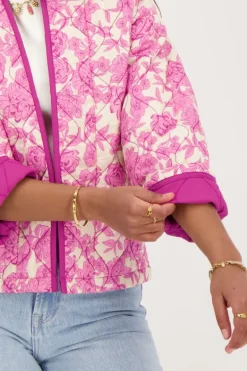 Veste Kimono Beige à Imprimé Fleuri Rose Et Violet