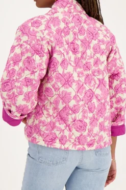 Veste Kimono Beige à Imprimé Fleuri Rose Et Violet