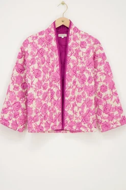Veste Kimono Beige à Imprimé Fleuri Rose Et Violet