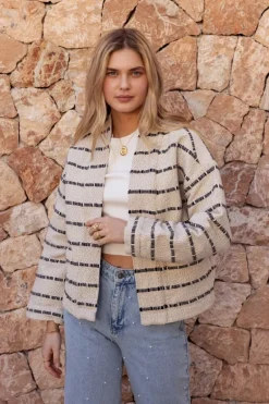 Veste Kimono Blanche à Rayures Noires