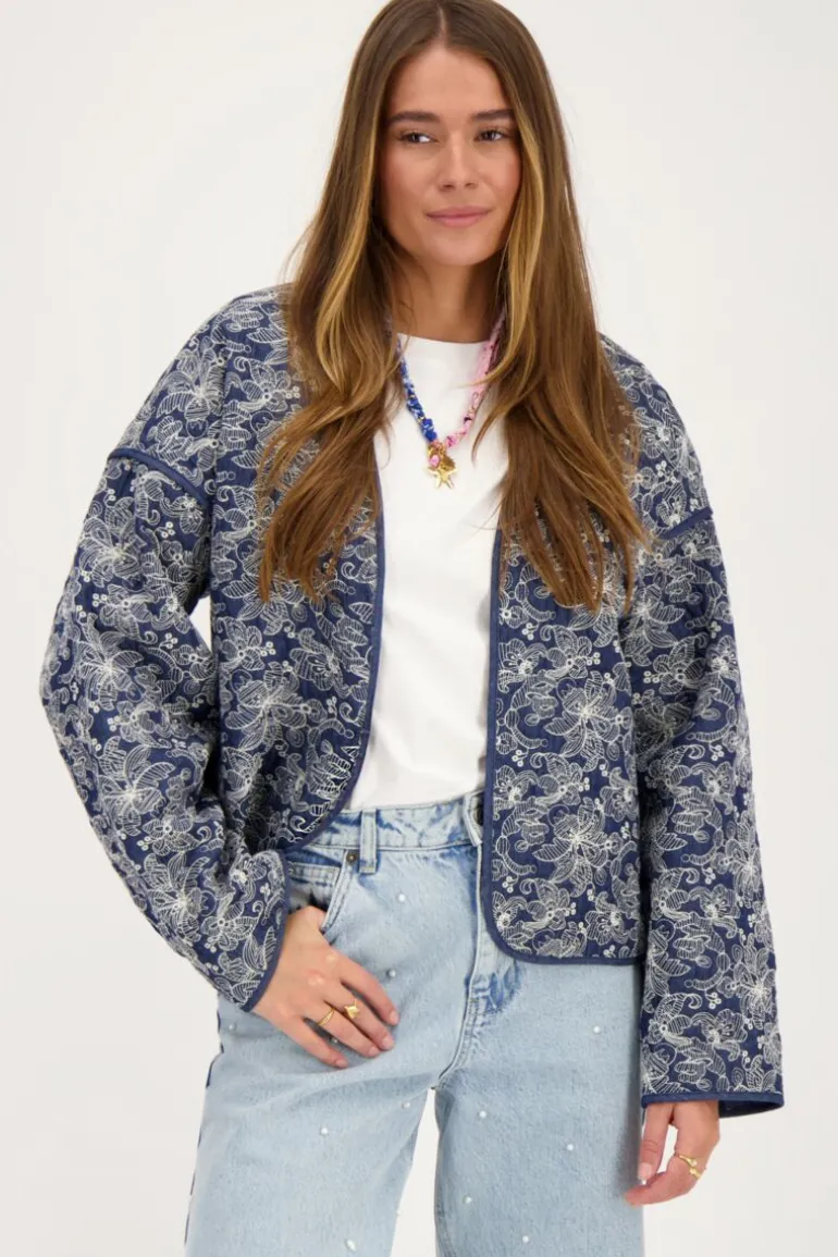 Veste Kimono En Chambray Bleu Avec Broderie