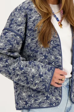 Veste Kimono En Chambray Bleu Avec Broderie
