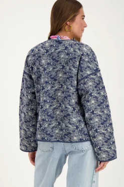 Veste Kimono En Chambray Bleu Avec Broderie