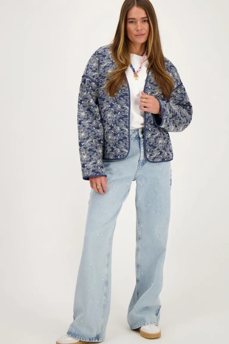 Veste Kimono En Chambray Bleu Avec Broderie