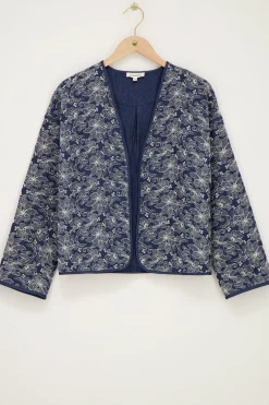 Veste Kimono En Chambray Bleu Avec Broderie