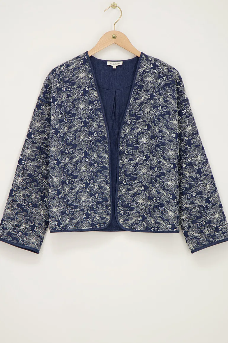 Veste Kimono En Chambray Bleu Avec Broderie