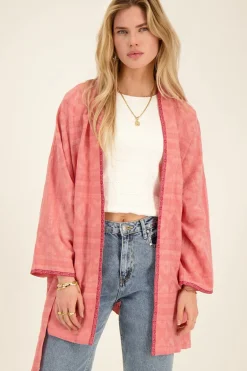 Veste Kimono Rose En Jacquard