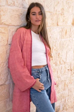 Veste Kimono Rose En Jacquard