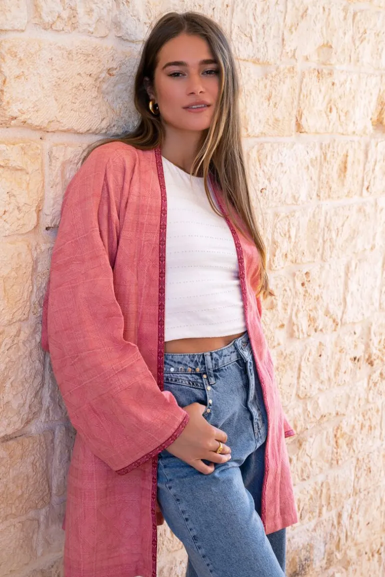 Veste Kimono Rose En Jacquard