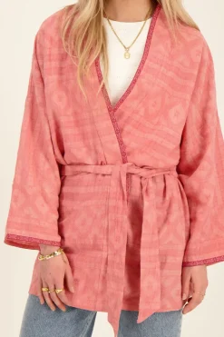 Veste Kimono Rose En Jacquard