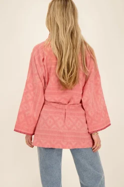 Veste Kimono Rose En Jacquard