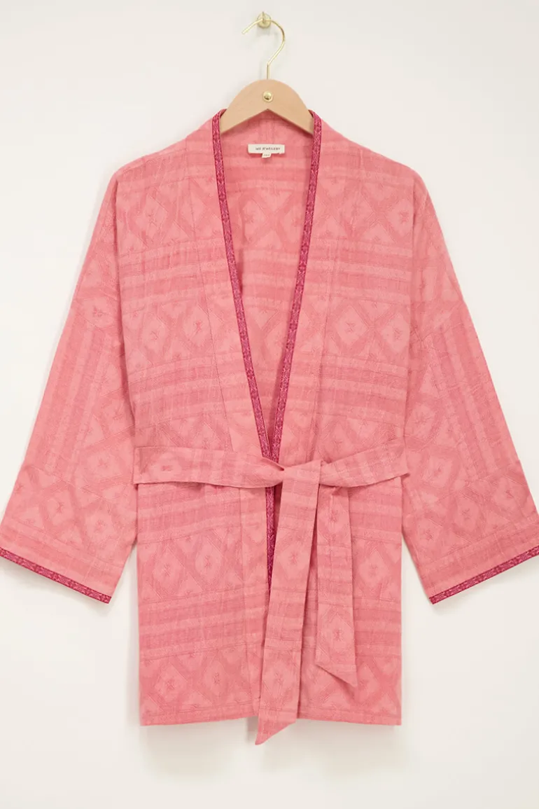 Veste Kimono Rose En Jacquard