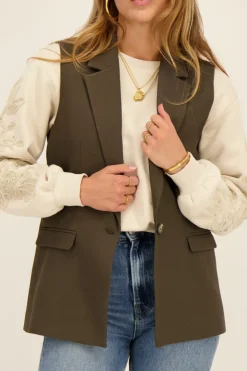 Veste Longue Sans Manches Vert Foncé Avec Poches