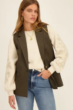 Veste Longue Sans Manches Vert Foncé Avec Poches