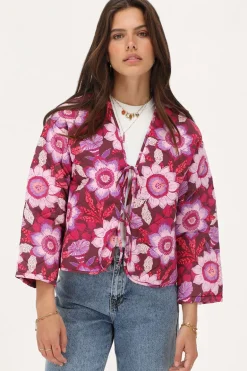 Veste Matelassée Marron Avec Nœuds Et Imprimé Floral Rose