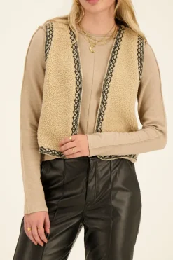 Veste Sans Manche Teddy Beige & Broderie Noire