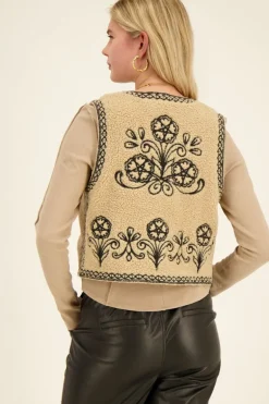 Veste Sans Manche Teddy Beige & Broderie Noire