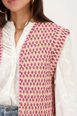 Veste Sans Manches Beige à Imprimé Fleuri Rose Et Vert