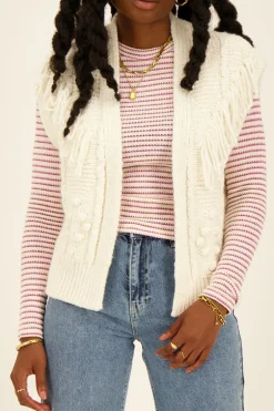 Veste Sans Manches Beige à Franges