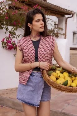 Veste Sans Manches Beige à Imprimé Fleuri Rose Et Vert