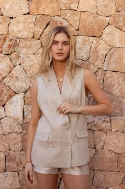 Veste Sans Manches En Lin Beige Avec Boutons