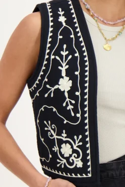 Veste Sans Manches En Mousseline Noire Avec Broderie