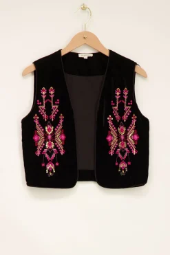 Veste Sans Manches En Velours Noir Et Broderie Rose
