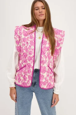 Veste Sans Manches Matelassée Beige Avec Imprimé Fleuri Rose Et Violet
