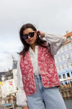 Veste Sans Manches Matelassée Rose à Fleurs