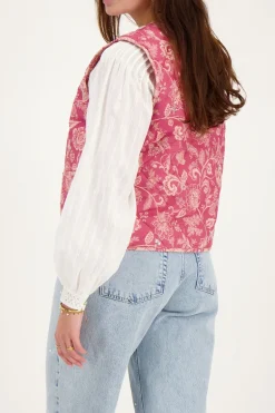 Veste Sans Manches Matelassée Rose à Fleurs