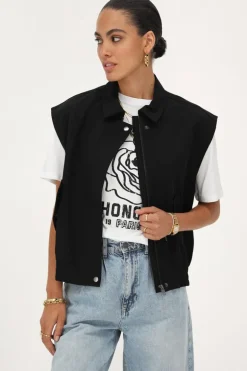 Veste Sans Manches Noire Avec Col Et Poches
