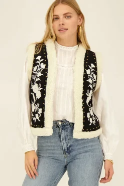 Veste Sans Manches Noire En Teddy Et Broderies Blanches