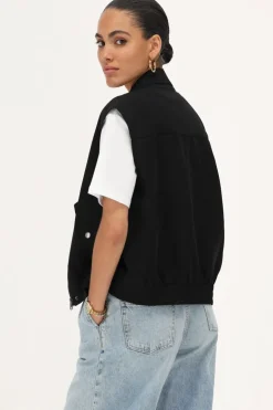 Veste Sans Manches Noire Avec Col Et Poches