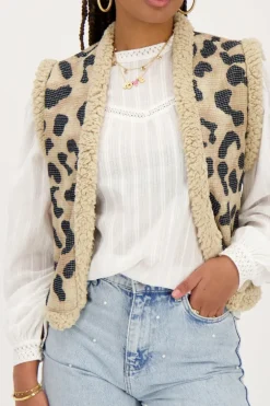 Veste Sans Manches Teddy Beige à Imprimé Léopard