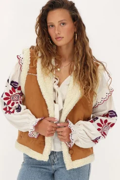 Veste Sans Manches Teddy En Daim Cognac