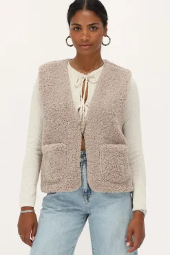 Veste Sans Manches Teddy Beige Avec Bouton