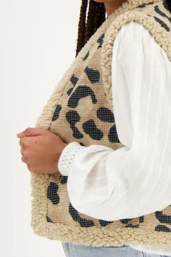 Veste Sans Manches Teddy Beige à Imprimé Léopard