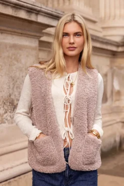 Veste Sans Manches Teddy Beige Avec Bouton