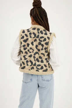 Veste Sans Manches Teddy Beige à Imprimé Léopard