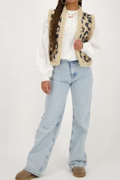 Veste Sans Manches Teddy Beige à Imprimé Léopard