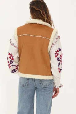 Veste Sans Manches Teddy En Daim Cognac