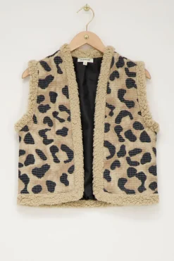 Veste Sans Manches Teddy Beige à Imprimé Léopard