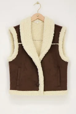 Veste Sans Manches Teddy En Daim Marron