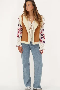 Veste Sans Manches Teddy En Daim Cognac