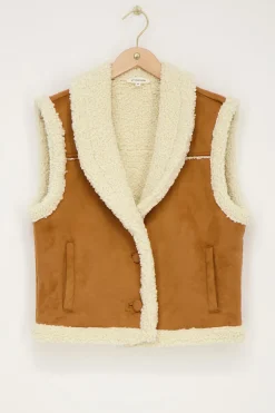 Veste Sans Manches Teddy En Daim Cognac